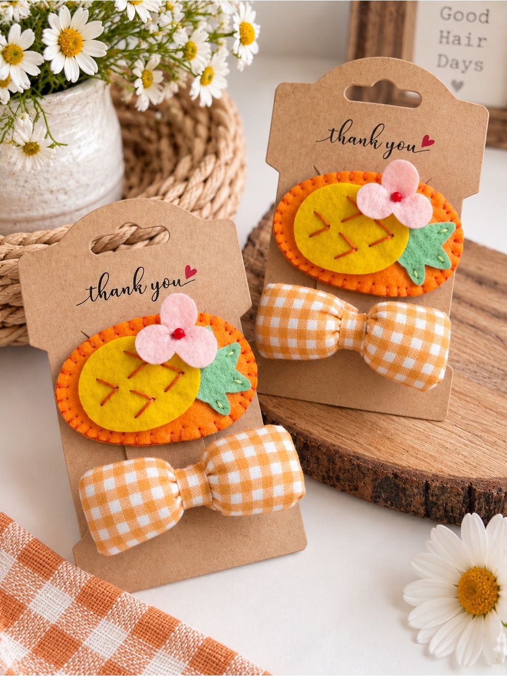 Pineapple Hair Clip Set for Girls Orange Gingham Bow & Felt Pineapple Clip - Picture 3 of 7